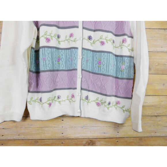 Alfred Dunner Cardigan Sweater XL White Blue Purple Stripes Embroidered Flowers - Picture 3 of 7